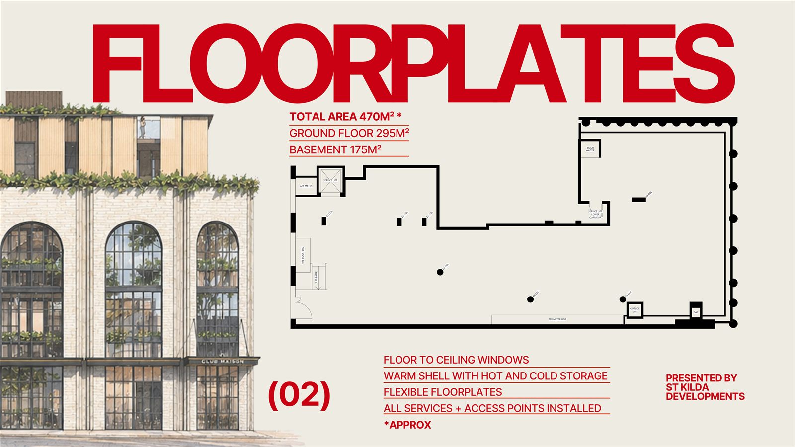 Floorplates — total 470m² approx, ground floor 295m², basement 175m²